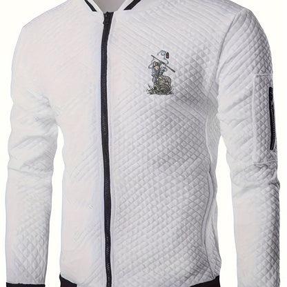 Men's Casual Stand Collar Jacket - 100% Polyester Knit Fabric with Slight Stretch, Solid Color Zippered Spring/Fall Outerwear with Cartoon Embroidery