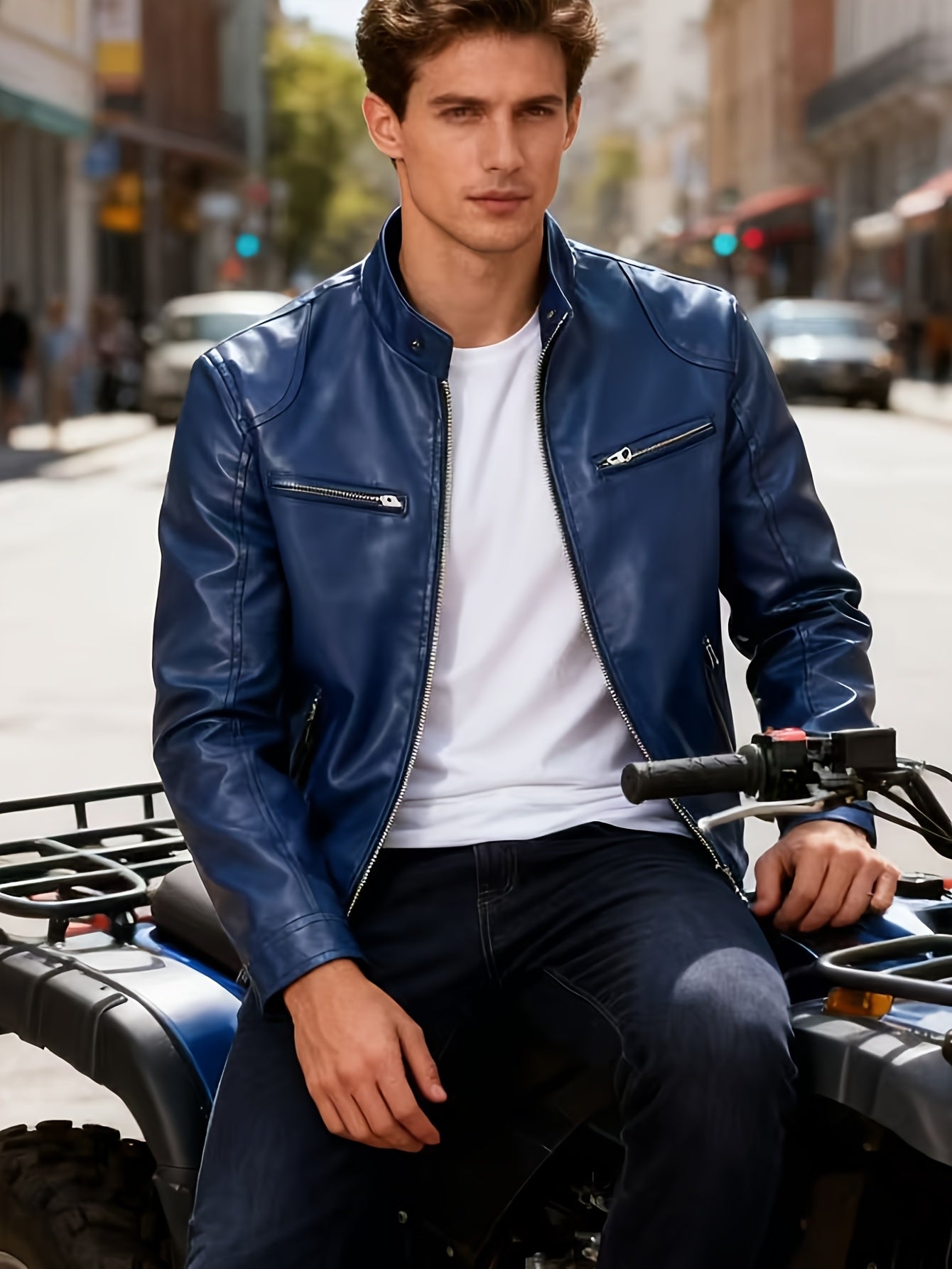 Men's Slim Fit Faux Leather Biker Jacket with Stand Collar