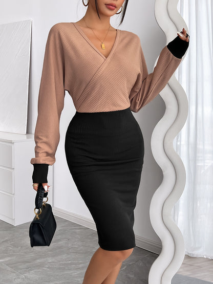 Elegant Color Block Long Sleeve V-neck Bodycon Dress | Midi Length, Solid Color, Suitable for Spring/Fall Season