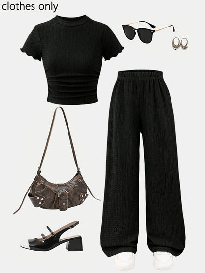 Girls' Spring Summer Slim Knit Top & Wide-Leg Pants Set