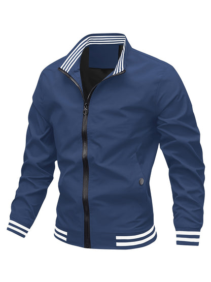 Men's Stand Collar Long Sleeve Zip Up Sports Jacket With Contrast Trim Design, Men's Spring Fall Outwear, As Gifts
