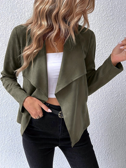 Plus Size, Olive Green Faux Fur Lapel Blazer - Stretchy Polyester Casual Jacket with Golden-Tone Chain Strap Shoulder Bag, Machine Washable Fall/Winter Outerwear for Women