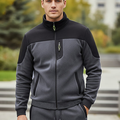 New Autumn And Winter Men'S Plush Zip-Up Color-Blocking Pocket Stand Collar Jacket And Long Pants Set, Stylish High Street Men'S Two-Piece Outfit
