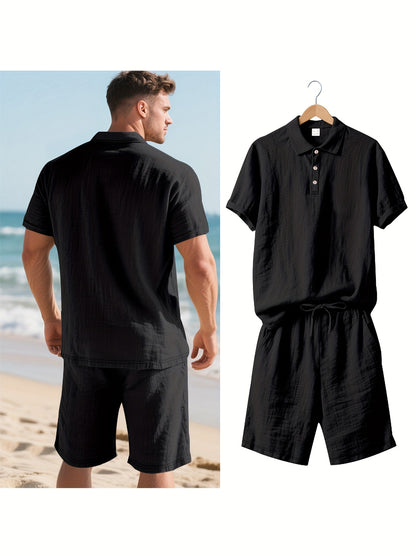 Essential for a Cool Summer! Men's Linen Shirt & Shorts Set, Comfortable Casual Outing Choice - Simple Beach Vacation Style Solid Color Linen