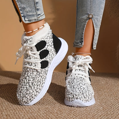 XS Women's Fashionable Comfortable Warm Light White Plush Lace-Up Short Boots + Faux Fur Texture, Trendy Casual Snow Boots, Long Winter Boots for Women, Wide Fit Boots for Women Plus Size Faux Fur Boots, Snow Boots for Women