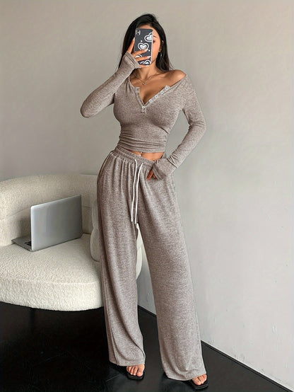 Elegant Fall/Winter Slim-Fit Cropped Top & Wide-Leg Pants Set - ayq