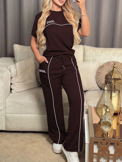 Women's Casual Letter Print Short Sleeve Top & Pants Set