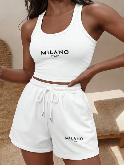 Women's Casual Sleeveless Crop Top & Drawstring Shorts Set