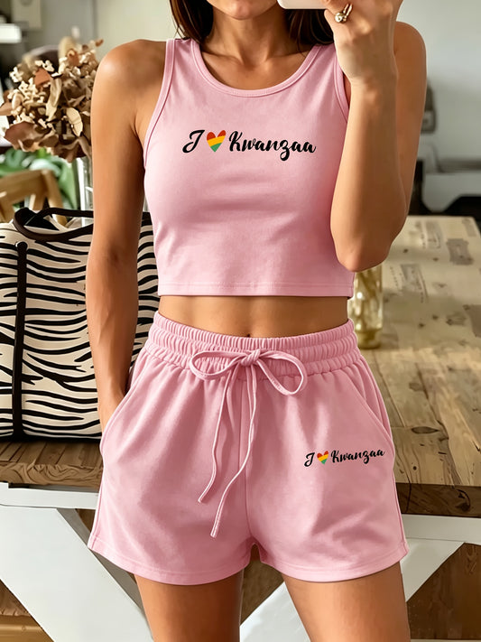 Women's Casual Two-Piece Vest and Shorts Set with Drawstring