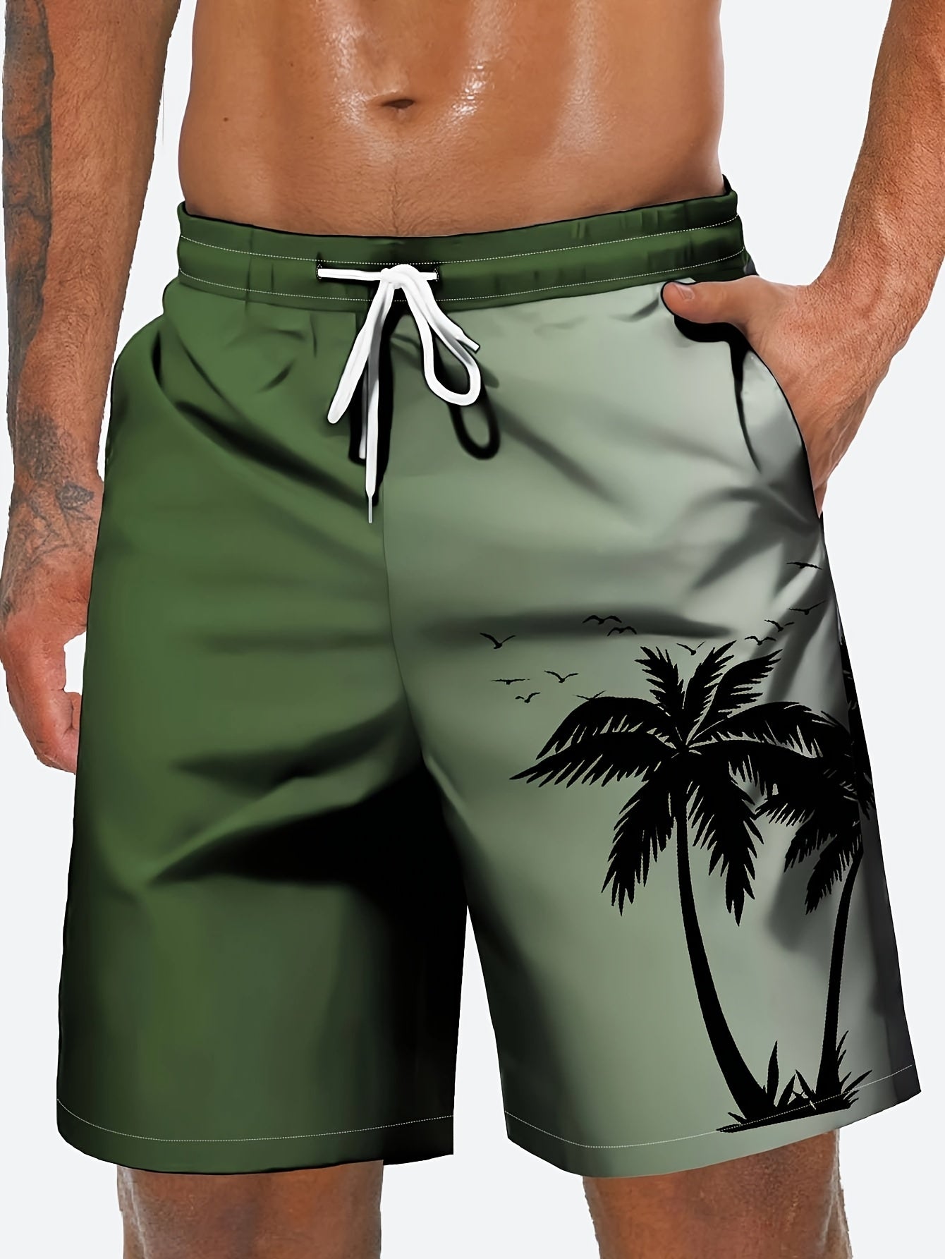 Plus Size Coconut Tree Print Casual Drawstring Beach Shorts