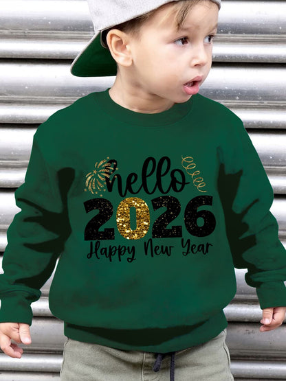 Boys' 2026 New Year'S Eve Party Sweatshirt - Hello 2026 Happy New Year Fireworks Print, Loose Fit Long Sleeve Pullover with Golden Glitter Lettering, Casual Winter Warmth For Boys, New Year Sweatshirt, Festive Clothing, Playf
