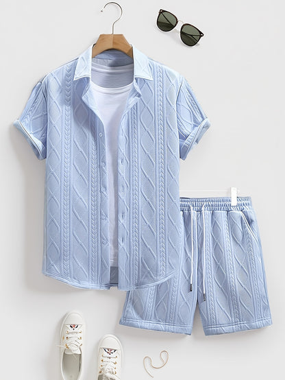 Men's Set Shirt Short Sleeve Shorts Thick Solid Color Knit Jacquard Casual Comfort High-Quality Two-Piece Set