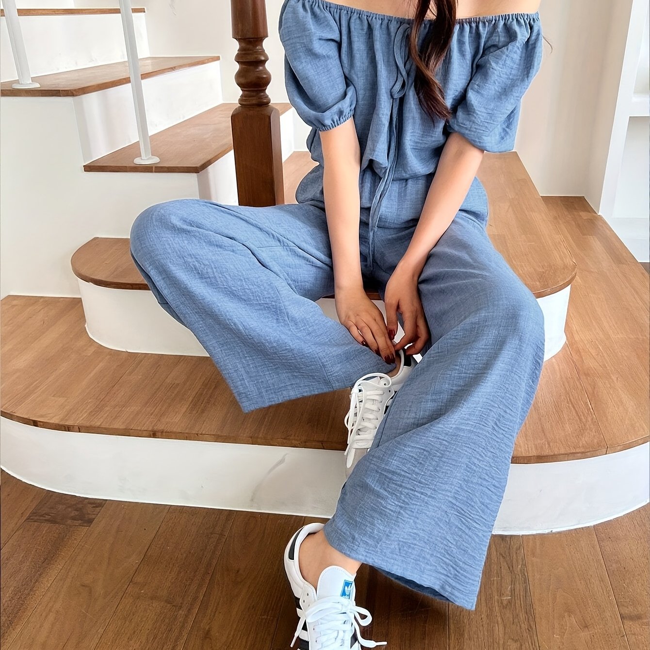 Women's Summer Solid Color Off-Shoulder Puff Sleeve Crop Top and Loose Wide-Leg Pants Two-Piece Set