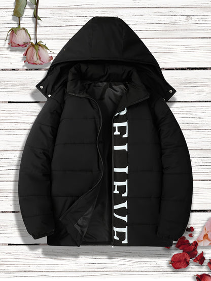 Women's Casual Hooded Jacket with Bold Letter Print, Relaxed Fit Winter Windproof Coat, 100% Polyester Zipper Pockets Mid-Length Outdoor Jacket, Machine Washable Cold Weather Clothing - Perfect Gift for Her