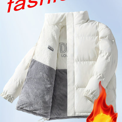 Men'S Double-Sided Fleece-Lined Thickened Jacket - Casual Stand Collar with Letter Print, Regular Fit, Pockets, Polyester Fill, Versatile for Fall/Winter, Winter Jacket