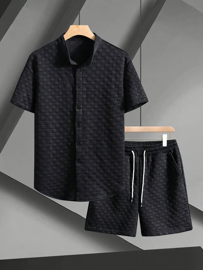 Men'S Casual Short Sleeve Button-Up Shirt & Shorts Set - Solid Black, Breathable Polyester Blend, Regular Fit for Summer, Everyday Comfort, Casual Summer Wear | Buttonup Shirt | Polyester Blend