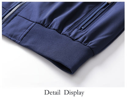 Men's Casual Royal Blue Bomber Jacket - Full Zip, Loose Fit, Polyester, Stand Collar, Long Sleeve, Lightweight & Durable for Spring and Fall, Casual Outerwear | Ribbed Cuff Sleeves | Durable Outerwear