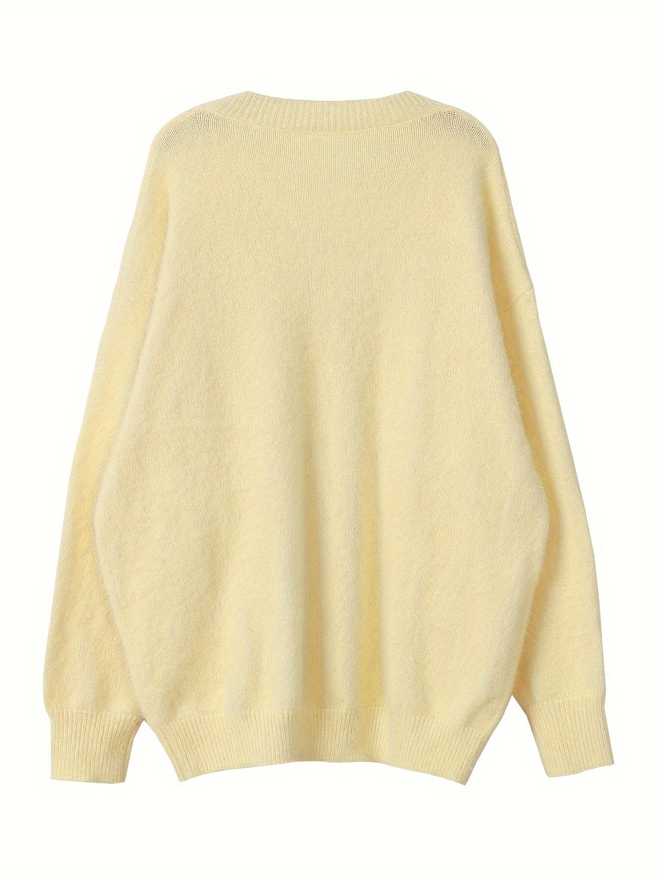 Plus Size - Women'S Cozy Yellow V-Neck Sweater with Pearl Buttons & Fleece-Lined Cuffs - Asymmetrical Hem, Geometric Pattern, Casual Winter Pullover for Casual Attire, Winter Apparel | Vneck Sweater | Pearl Button Details, Sw