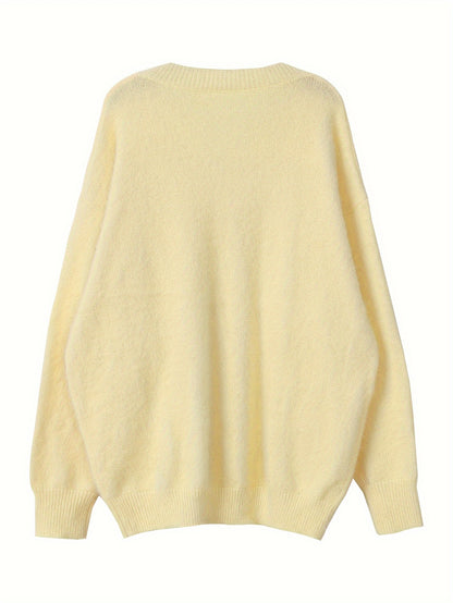 Plus Size - Women'S Cozy Yellow V-Neck Sweater with Pearl Buttons & Fleece-Lined Cuffs - Asymmetrical Hem, Geometric Pattern, Casual Winter Pullover for Casual Attire, Winter Apparel | Vneck Sweater | Pearl Button Details, Sw