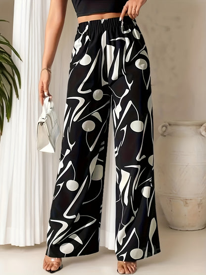 Women’s High-Waisted Wide-Leg Casual Pants with Geometric Print