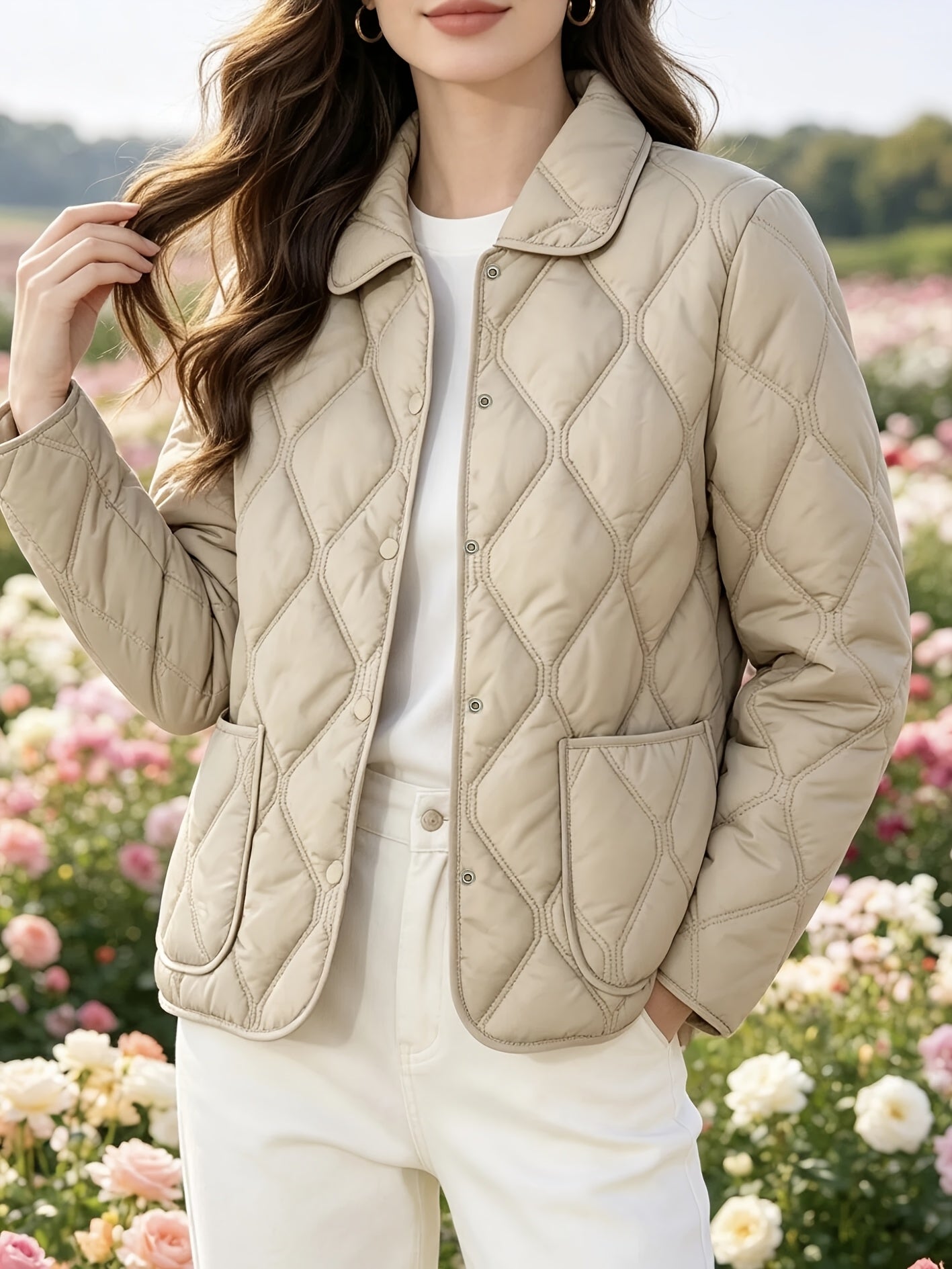Women's Quilted Doll Collar Coat - Elegant Spring & Autumn Outerwear
