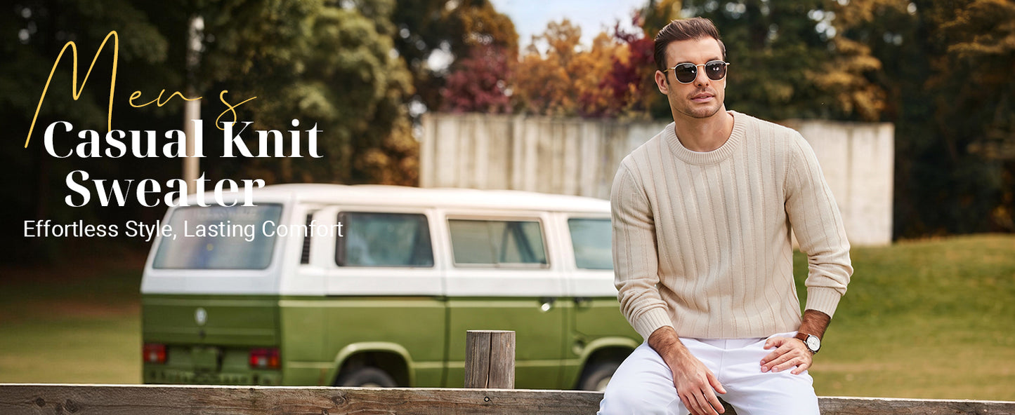 Men's Ribbed Crewneck Pullover Sweater Soft Warm Knit