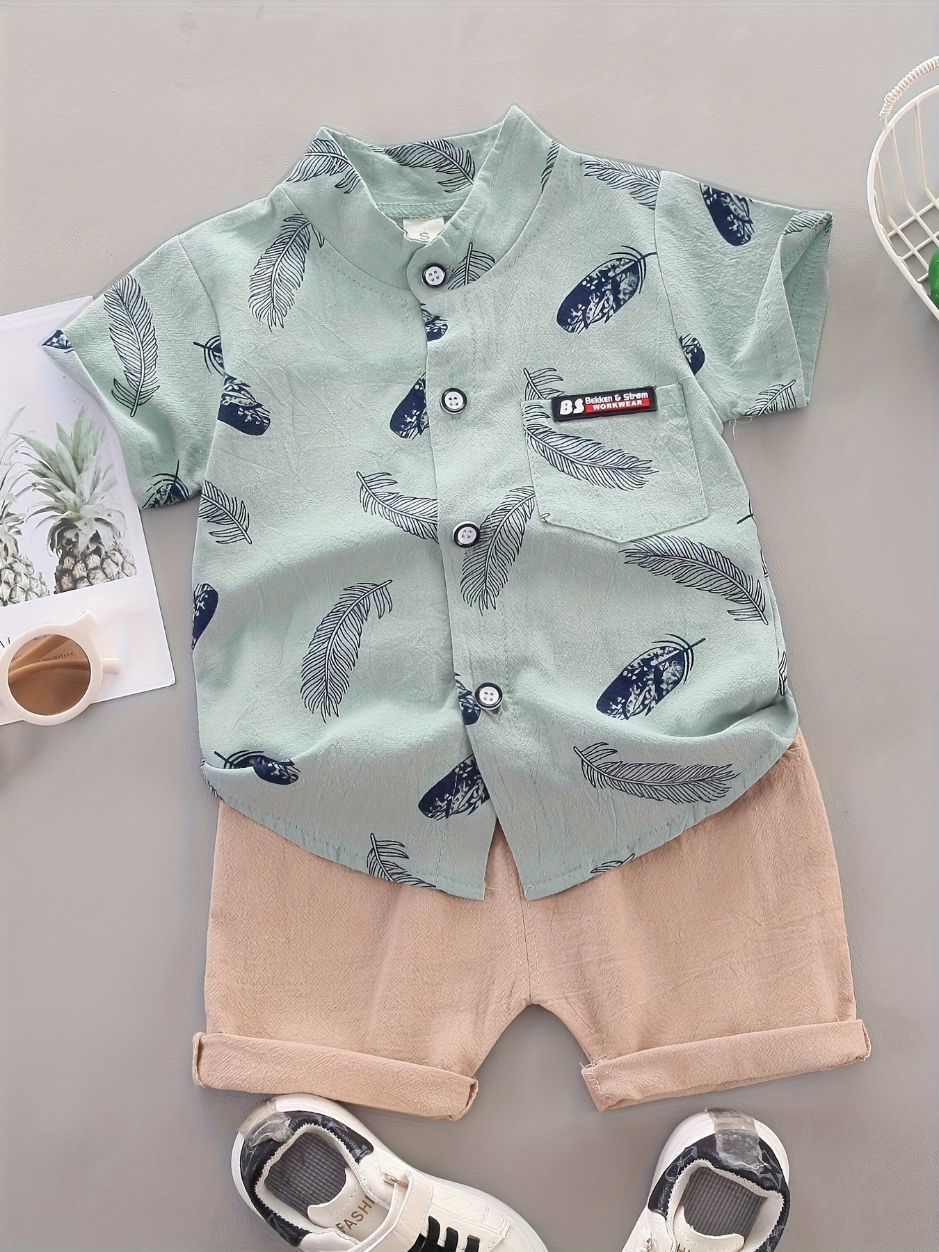 Baby Boys Cotton Feather Print Short Sleeve Shirt & Shorts Set