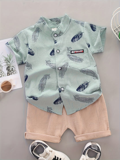 Baby Boys Cotton Feather Print Short Sleeve Shirt & Shorts Set