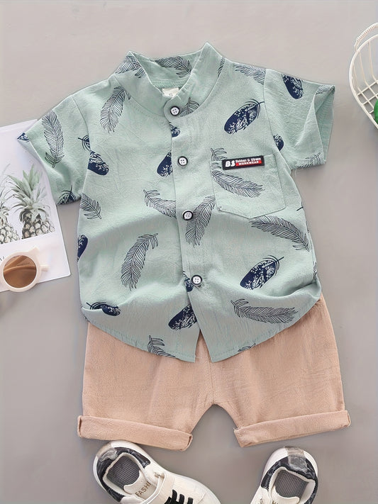 Baby Boys Cotton Feather Print Short Sleeve Shirt & Shorts Set