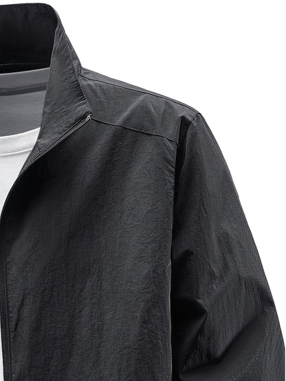 Men'S Olive Green Bomber Jacket with Stand Collar - Casual, Comfortable, Zip-Up Outerwear for Outdoor Activities, Casual Attire|Stand Collar Jacket|Zippered Jacket