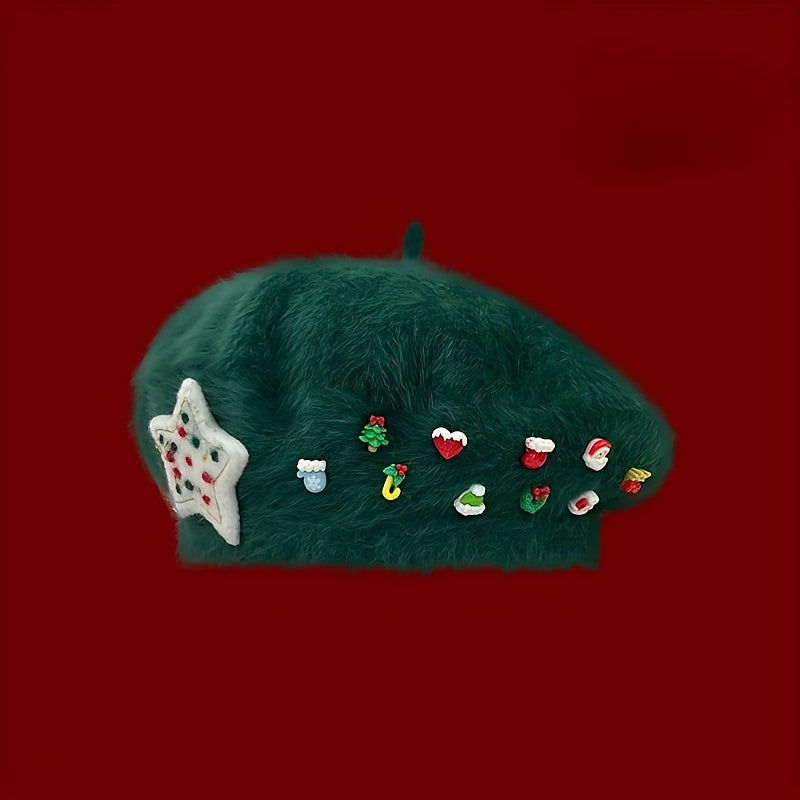 Women's Red Christmas Beret Hat with 3D Christmas Tree Decorations - Elastic Drawstring Closure, Lightweight Warm Winter Hat for Holiday Parties, Photo Shoots, Valentine's & New Year's Eve - Festive Movie-Inspired Fashion Acc