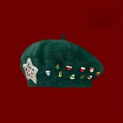 Women's Red Christmas Beret Hat with 3D Christmas Tree Decorations - Elastic Drawstring Closure, Lightweight Warm Winter Hat for Holiday Parties, Photo Shoots, Valentine's & New Year's Eve - Festive Movie-Inspired Fashion Acc