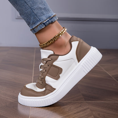 Women's Plus Size Lightweight Casual Sneakers - Thick Sole Slip-Resistant EVA Sole, Breathable Mesh Lining, Round Toe Lace-Up Design, All-Season Comfort, Two-Tone Color Options (White/Brown)
