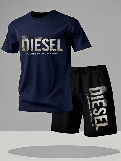 Summer Men'S Casual Sports Short Sleeve T-Shirt and Shorts Set, Comfortable Breathable, Suitable for Outdoor Jogging Running Fitness, Diesel Letter Print Design - 2pcs Set