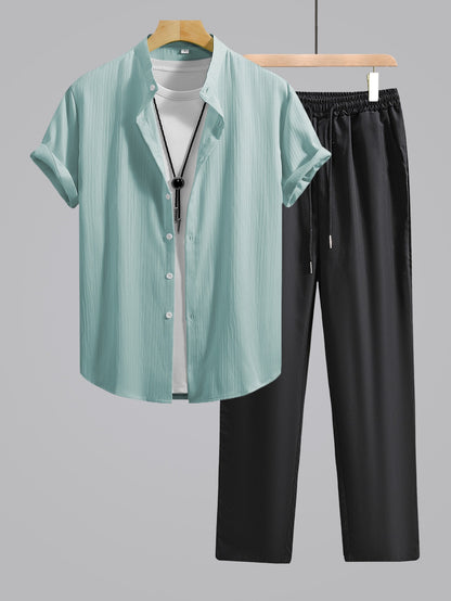 Men's Summer Casual Set: Mandarin Collar Shirt & Black Pants