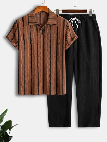 Men's Summer Striped Polo Shirt & Casual Pants Set