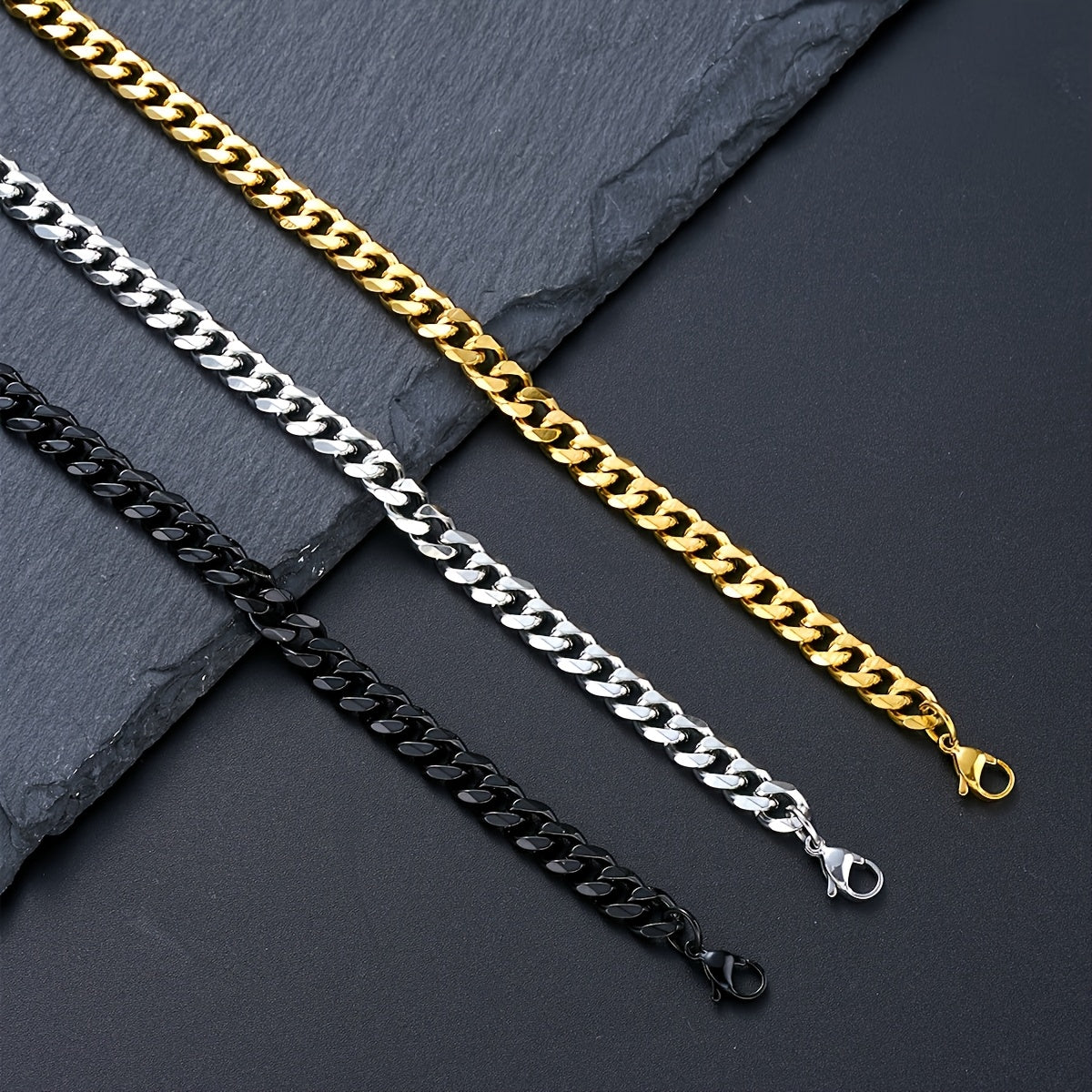 3pcs Set of Minimalist Hollow Titanium Stainless Steel Cuban Bracelets, Golden, Silvery, and Black Combo, Unisex, Perfect for Christmas, Valentine's Day, New Year, Ideal Gift for Boyfriend, Father, and Son