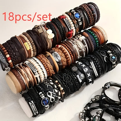 4/18/36pcs Vintage Fashion Faux Leather Bracelet Western Punk Style Beaded Wristband, Handwoven DIY Random Styles