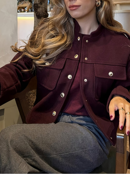 Women's Burgundy Red Jacket with Golden-Tone Button Closure - Structured Collar & Tailored Fit Casual Coat for Fall, Office, Semi-Formal Events - Machine Washable Outerwear (No Stretch)