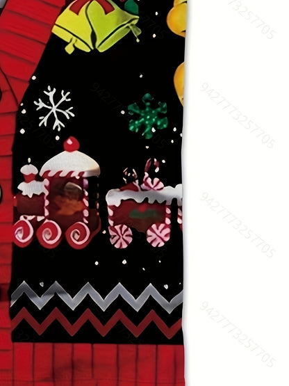 Men's Large 3D Christmas Sweater T-Shirt - Short Sleeve Round Neck with Santa, Snowman, Gingerbread & Candy Cane Print - Ugly Sweater Party Outfit, Holiday Celebration Costume (Vibrant Colors, Machine Washable), PLUS SIZE