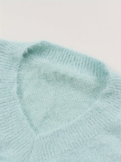 Plus Size - Women'S Cozy Yellow V-Neck Sweater with Pearl Buttons & Fleece-Lined Cuffs - Asymmetrical Hem, Geometric Pattern, Casual Winter Pullover for Casual Attire, Winter Apparel | Vneck Sweater | Pearl Button Details, Sw