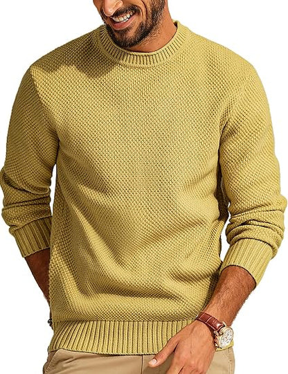 Men's Waffle Knit Crewneck Sweater Textured Pullover
