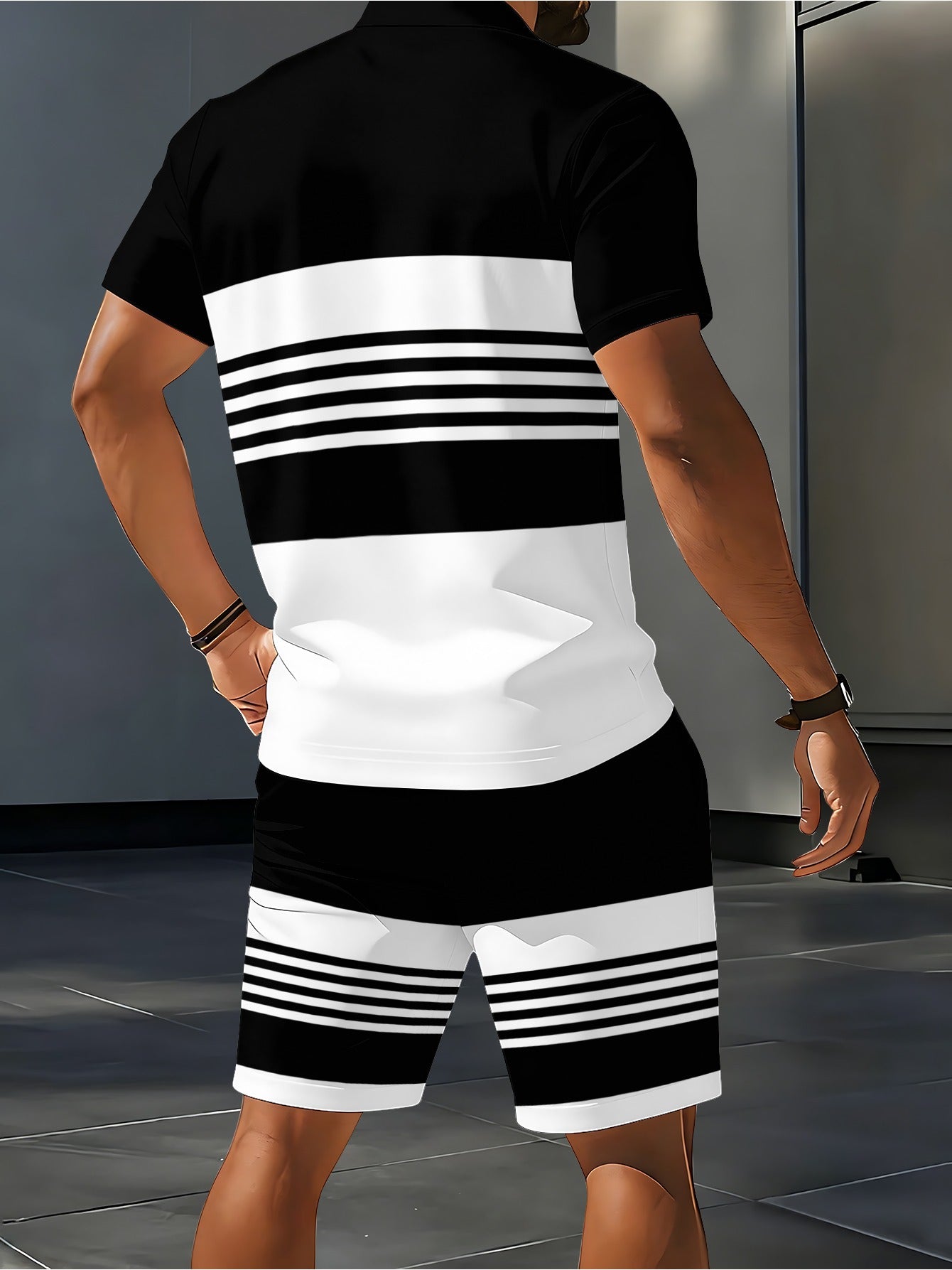 Men's Casual Polo Shirt & Shorts Set Striped Summer Outfit