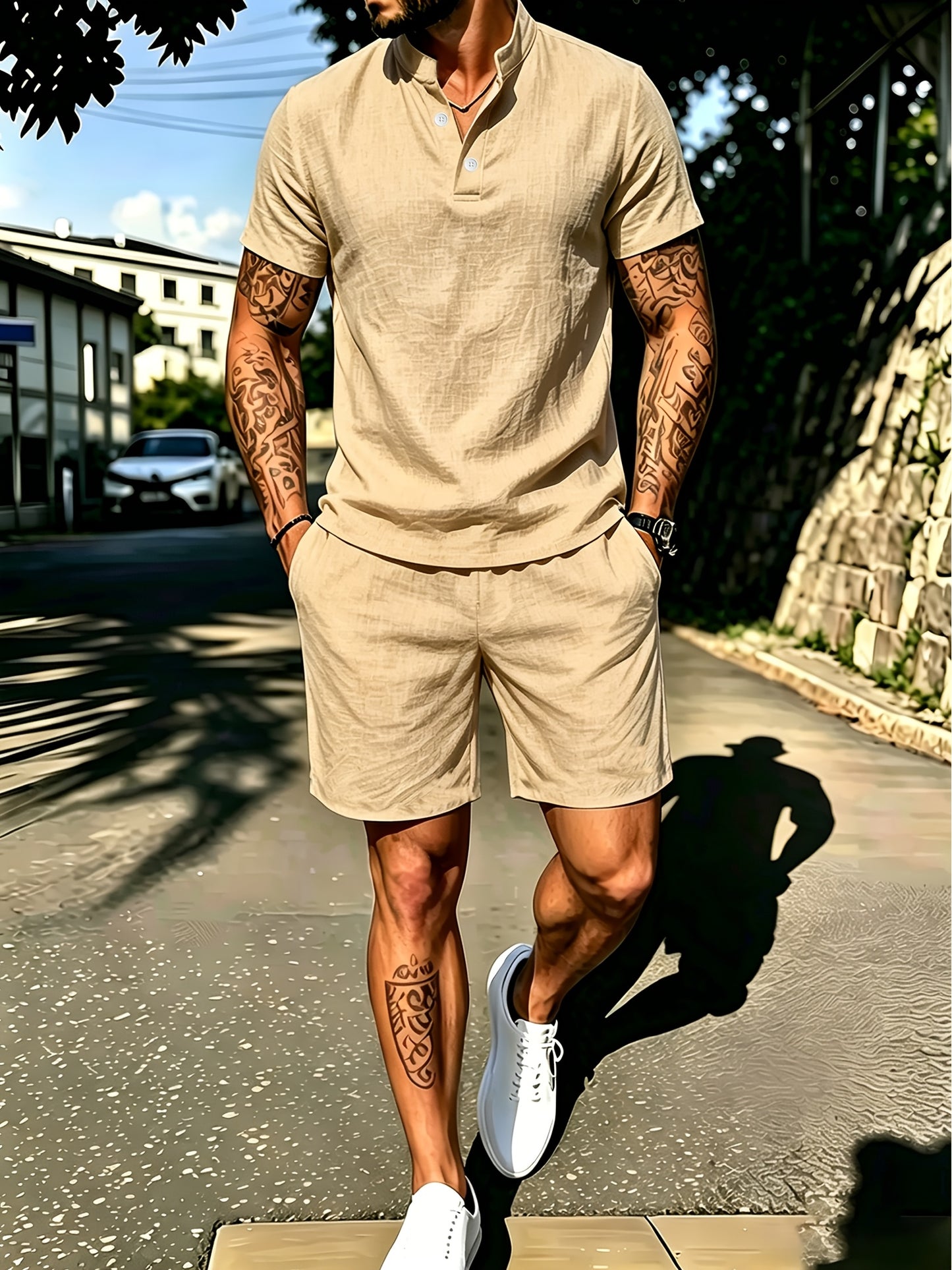 Men's Casual Cotton Polo Shirt and Shorts Set for Spring/Fall
