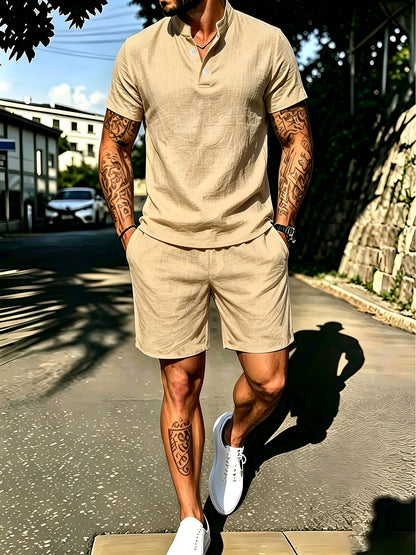 Men's Casual Cotton Polo Shirt and Shorts Set for Spring/Fall