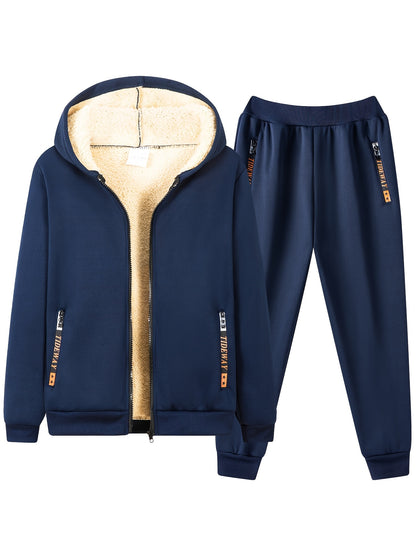 2pcs Boys' Fashion Fleece-Lined Thickened Jacket + Pants Set, Stylish Zip-Up Hoodie and Casual Sportswear Outfit for Autumn/Winter, Perfect Gift, Perfect for Outdoor, Autumn/winter Coat For Boy, Sportswear Suit For Boy, Boy C