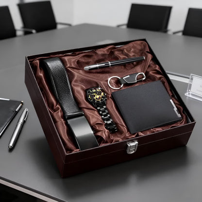 5pcs Men'S Business Set Including a Quartz Watch, a Business Belt, a Wallet, a Pen, And a Keychain