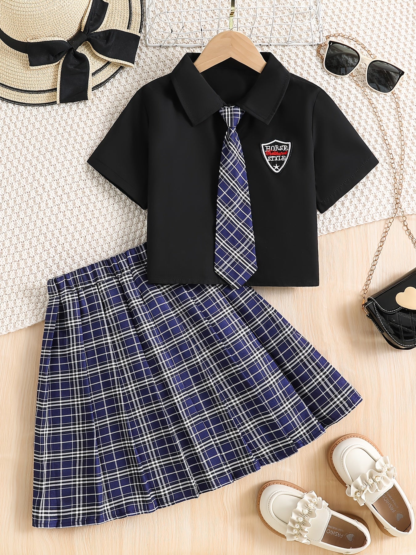 Girls' Preppy Short-Sleeve Shirt & Pleated Skirt Set for Summer