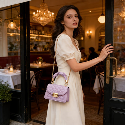 Quilted Small Crossbody Bag Compact Capacity Ruched Handle Golden Hardware Mini Handbag for Women (Black/White/Lavender)