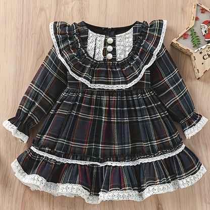 Girls' Plaid Tartan Puffed Sleeve High-Low Neck Ruffled Hem Dress with Ruffled Collar & Lace Trim - Plaid Princess Party Dress with Skirt, Machine Washable Winter Formal & Everyday Outfit for Christmas, New Year's, Easter - S